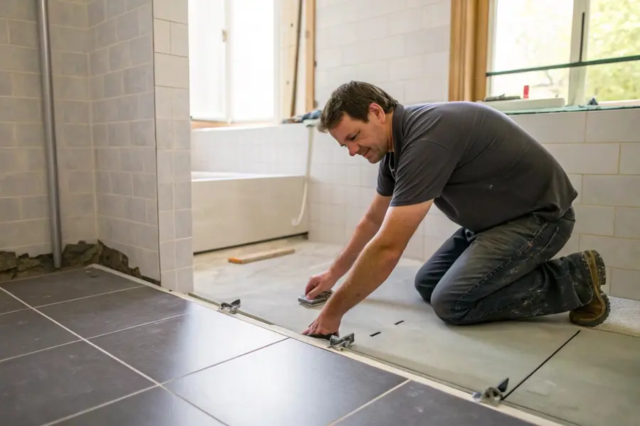 Tiler installing large-format floor tiles in a bathroom renovation in Canberra