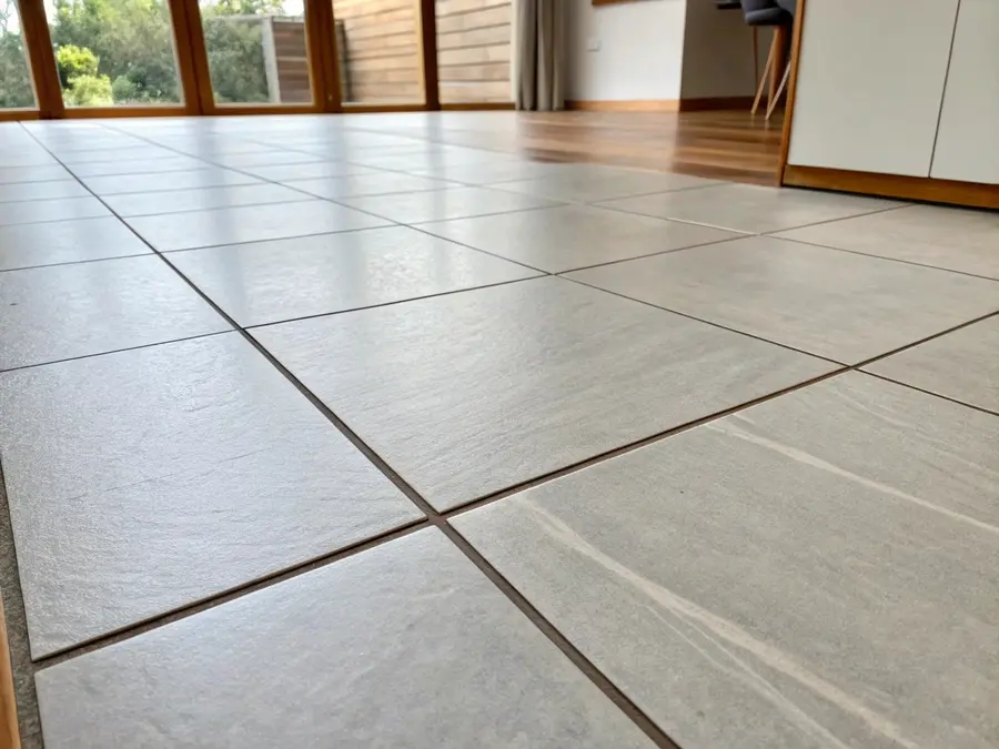 Close-up detail of freshly laid large-format floor tiles in a Canberra home